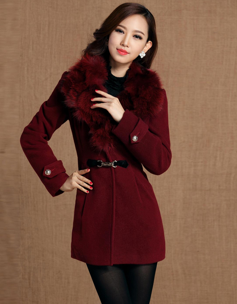 洛诗琳酒红色毛领贵气时尚长袖大衣