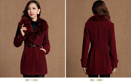 洛诗琳 / 酒红色毛领贵气时尚长袖大衣